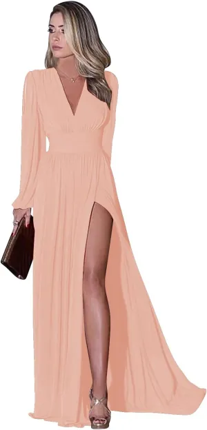 Miao Duo Women's Long Sleeve Prom Dress with Pockets V Neck Split Formal Evening Gowns YZTS019