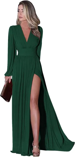 Miao Duo Women's Long Sleeve Prom Dress with Pockets V Neck Split Formal Evening Gowns YZTS019