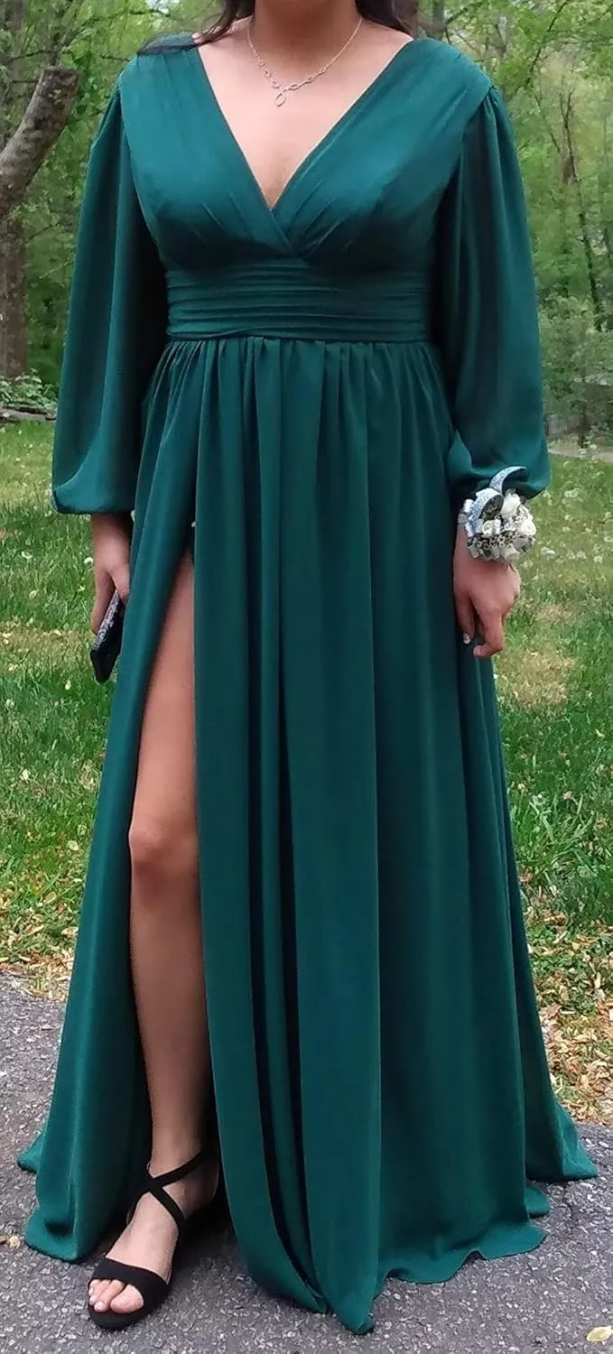 Miao Duo Women's Long Sleeve Prom Dress with Pockets V Neck Split Formal Evening Gowns YZTS019