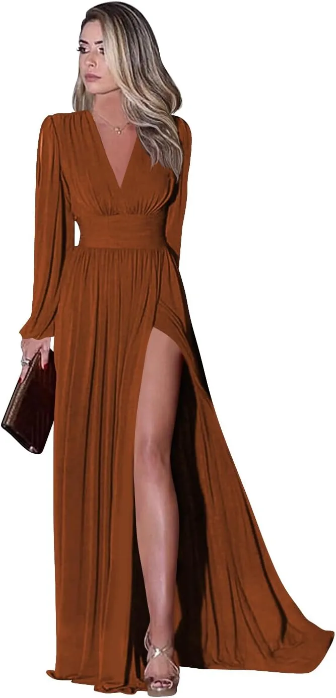 Miao Duo Women's Long Sleeve Prom Dress with Pockets V Neck Split Formal Evening Gowns YZTS019