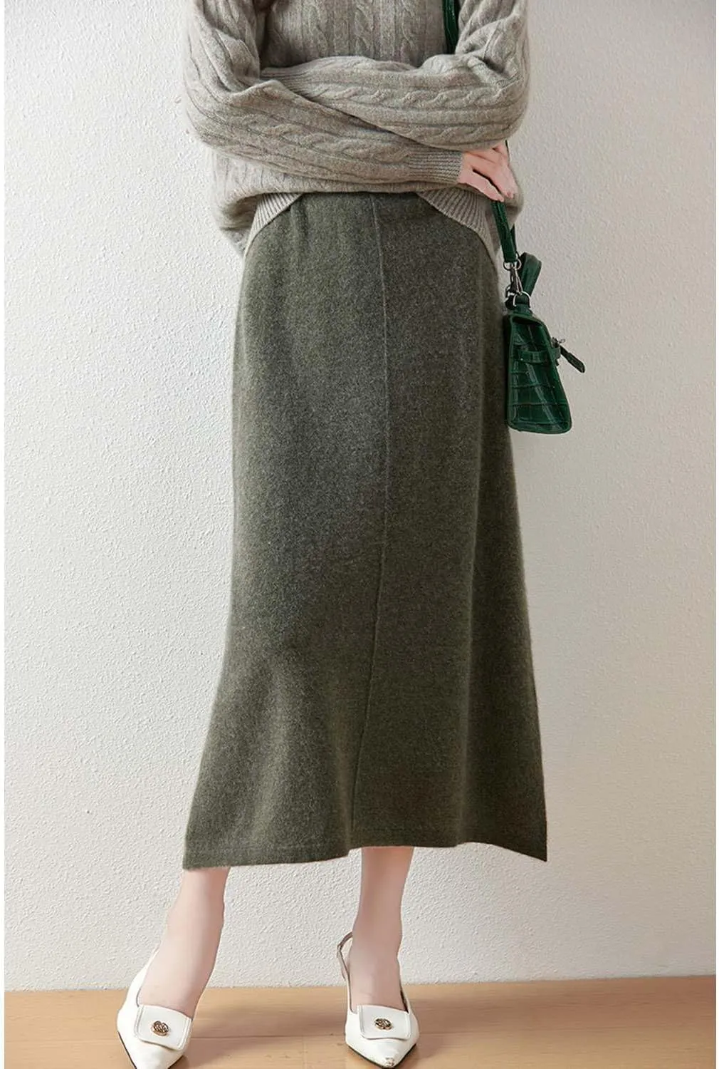 Mid Length Skirt Women Fall Winter 100% Merino Wool Knit Long Skirt Ribbed Elastic Solid Casual Warm Skirt