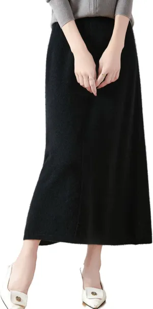 Mid Length Skirt Women Fall Winter 100% Merino Wool Knit Long Skirt Ribbed Elastic Solid Casual Warm Skirt