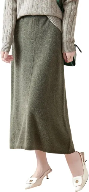 Mid Length Skirt Women Fall Winter 100% Merino Wool Knit Long Skirt Ribbed Elastic Solid Casual Warm Skirt