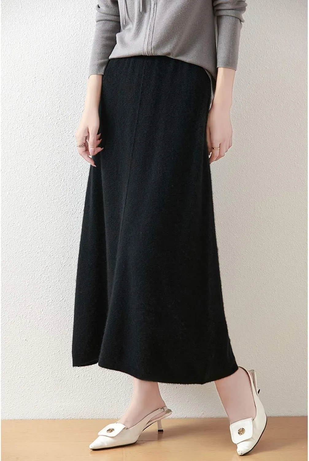 Mid Length Skirt Women Fall Winter 100% Merino Wool Knit Long Skirt Ribbed Elastic Solid Casual Warm Skirt