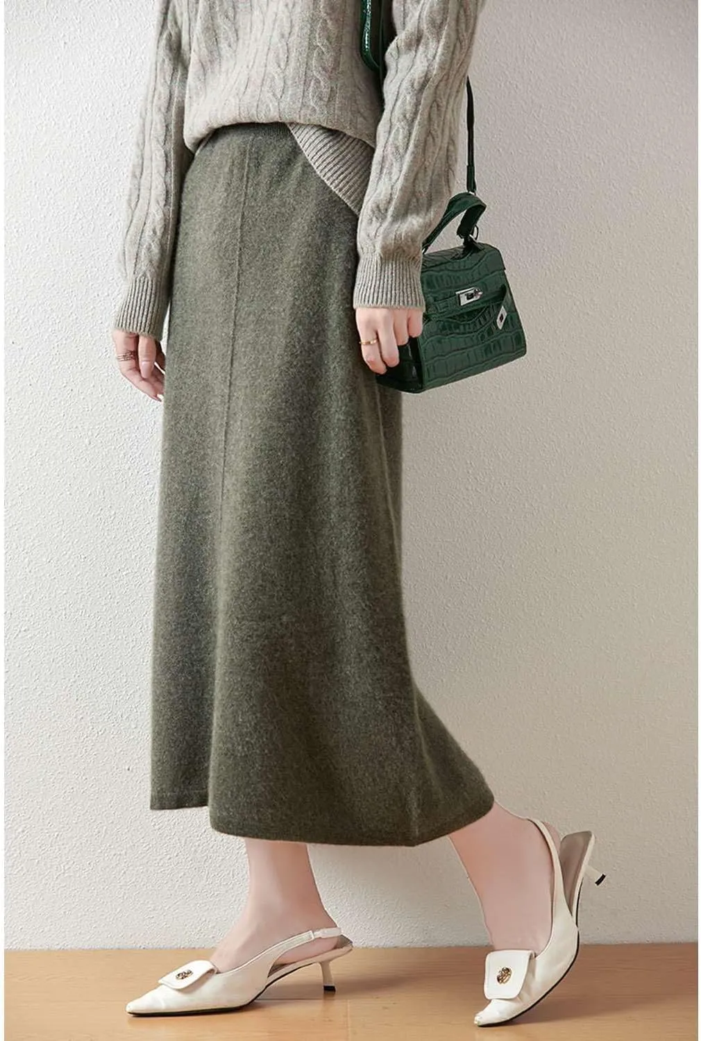 Mid Length Skirt Women Fall Winter 100% Merino Wool Knit Long Skirt Ribbed Elastic Solid Casual Warm Skirt