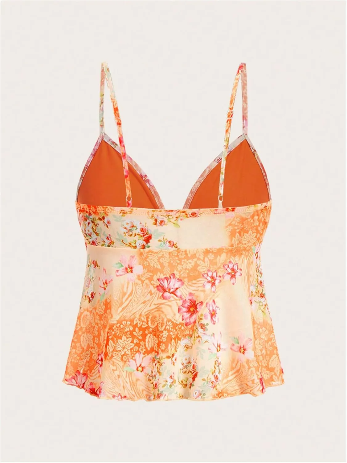 Milumia Women's Floral Mesh Cami Crop Top V Neck Ruffle Spaghetti Strap Tank Tops
