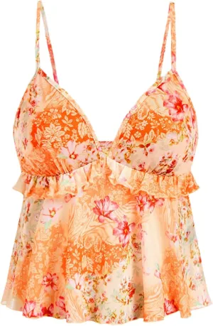 Milumia Women's Floral Mesh Cami Crop Top V Neck Ruffle Spaghetti Strap Tank Tops