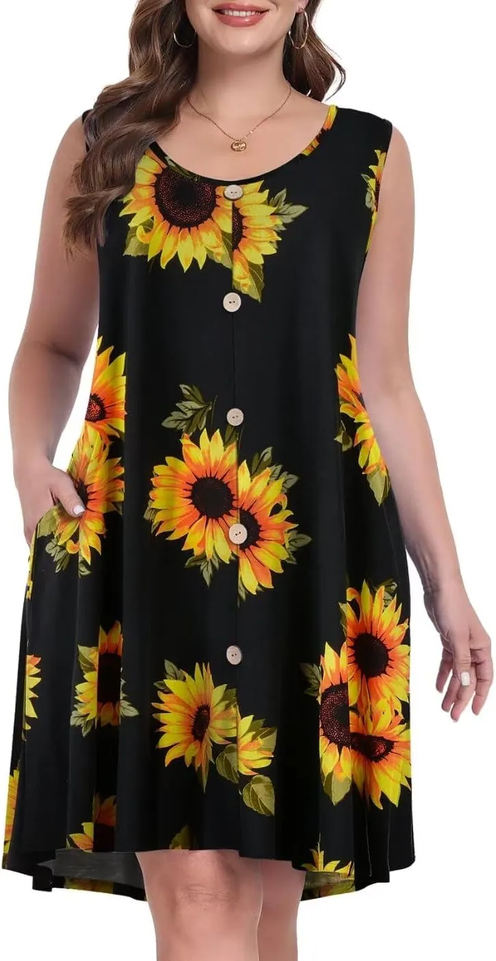 MONNURO Summer Tank Dresses for Women Plus Size Sundresses with Pocket Casual Beach Vacation Sleeveless Swimsuit Cover Up