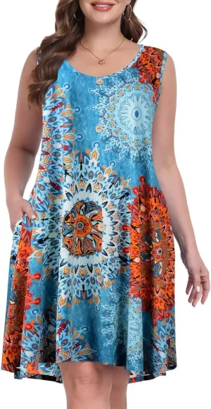 MONNURO Summer Tank Dresses for Women Plus Size Sundresses with Pocket Casual Beach Vacation Sleeveless Swimsuit Cover Up