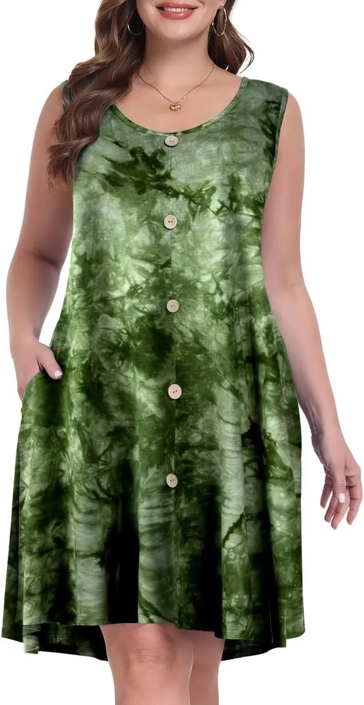 MONNURO Summer Tank Dresses for Women Plus Size Sundresses with Pocket Casual Beach Vacation Sleeveless Swimsuit Cover Up