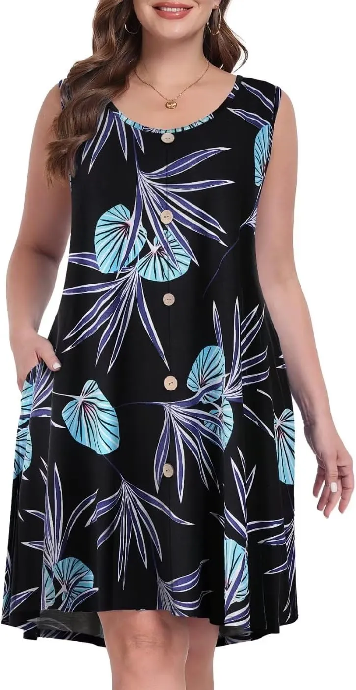 MONNURO Summer Tank Dresses for Women Plus Size Sundresses with Pocket Casual Beach Vacation Sleeveless Swimsuit Cover Up