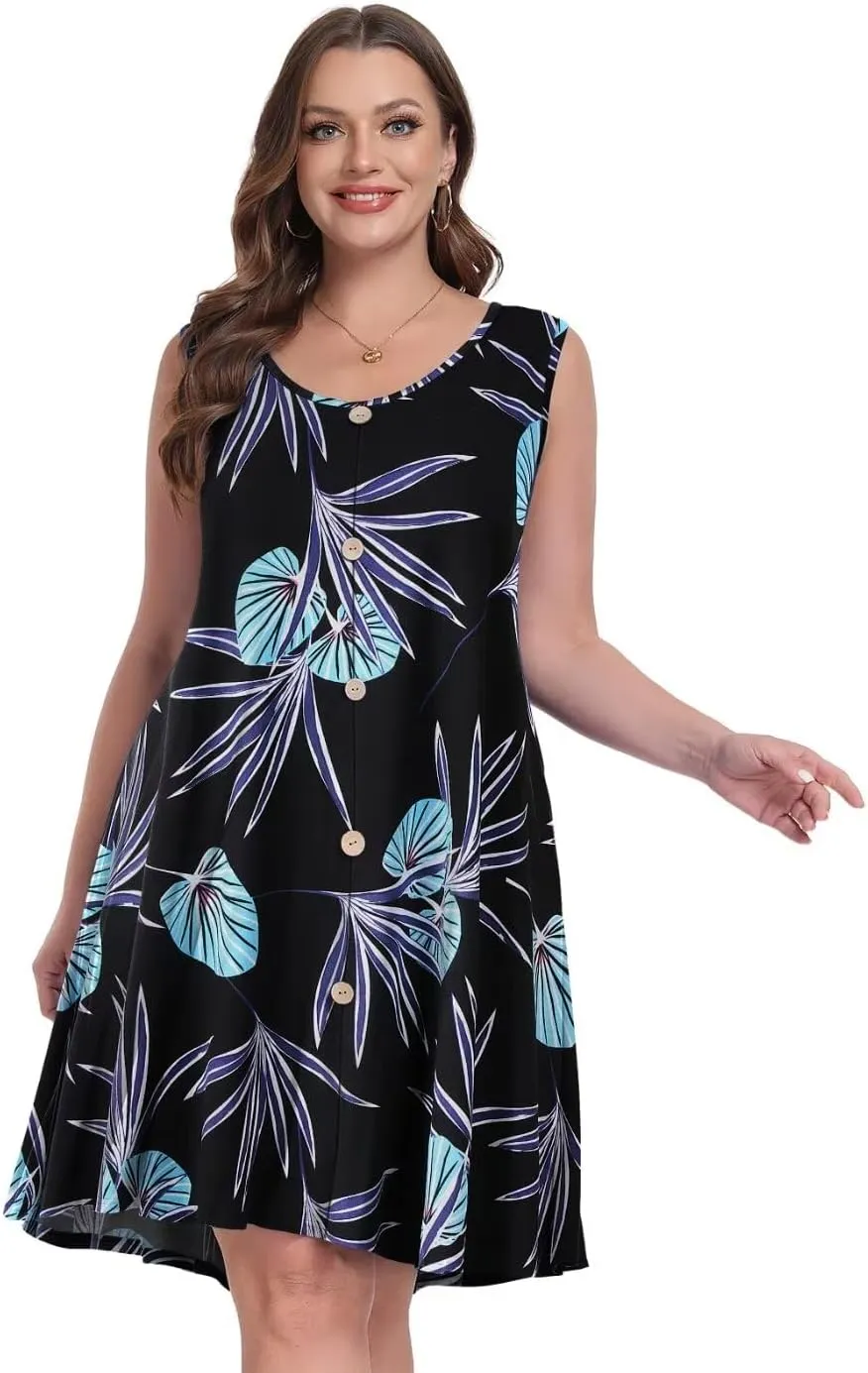 MONNURO Summer Tank Dresses for Women Plus Size Sundresses with Pocket Casual Beach Vacation Sleeveless Swimsuit Cover Up