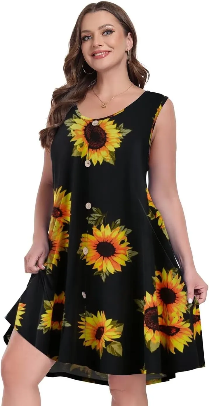 MONNURO Summer Tank Dresses for Women Plus Size Sundresses with Pocket Casual Beach Vacation Sleeveless Swimsuit Cover Up