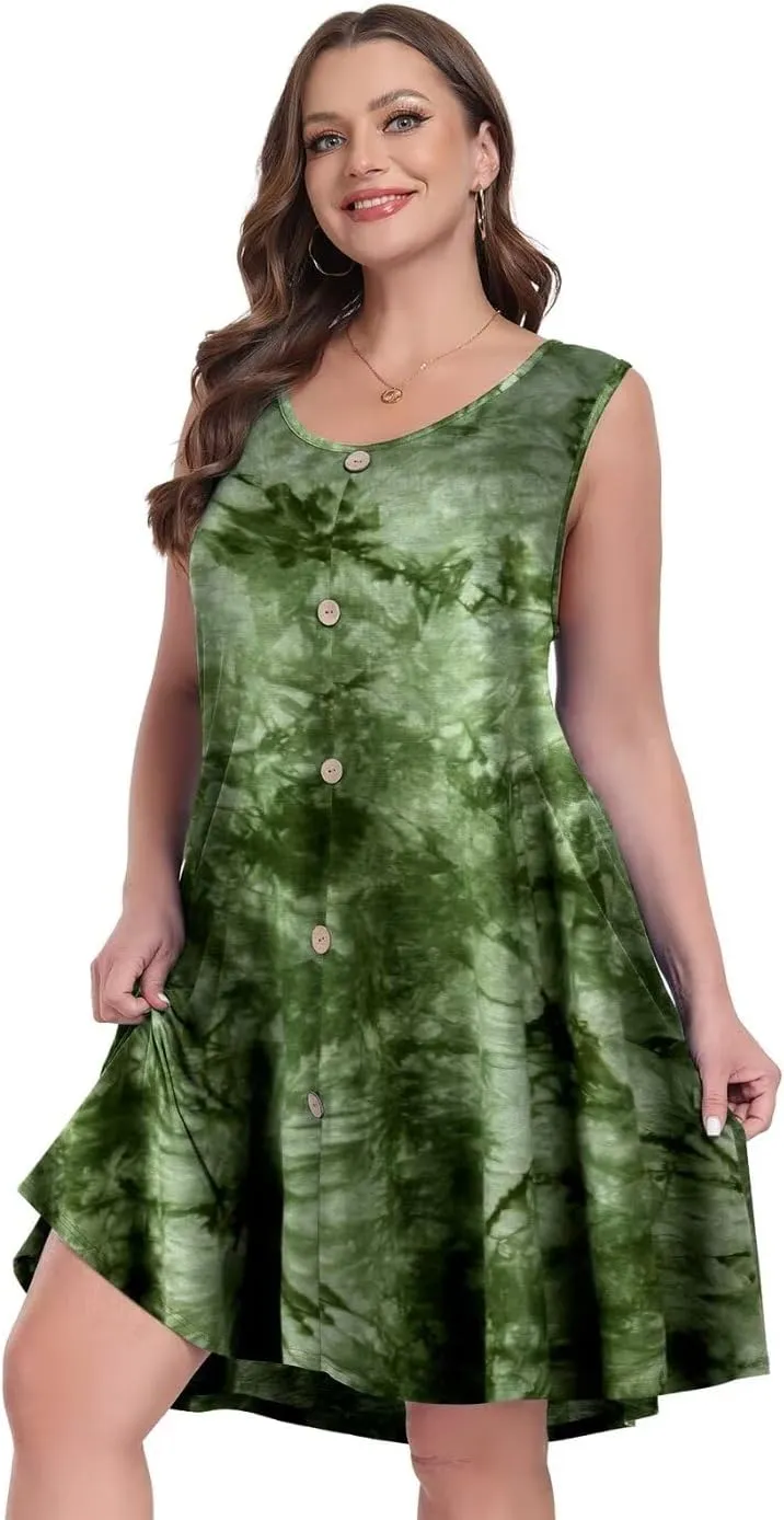 MONNURO Summer Tank Dresses for Women Plus Size Sundresses with Pocket Casual Beach Vacation Sleeveless Swimsuit Cover Up