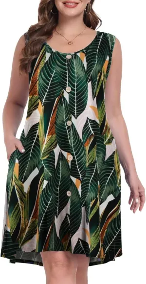 MONNURO Summer Tank Dresses for Women Plus Size Sundresses with Pocket Casual Beach Vacation Sleeveless Swimsuit Cover Up