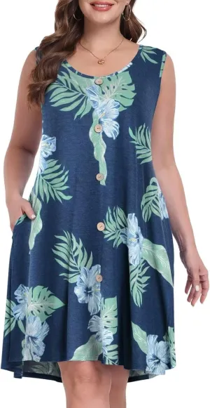 MONNURO Summer Tank Dresses for Women Plus Size Sundresses with Pocket Casual Beach Vacation Sleeveless Swimsuit Cover Up