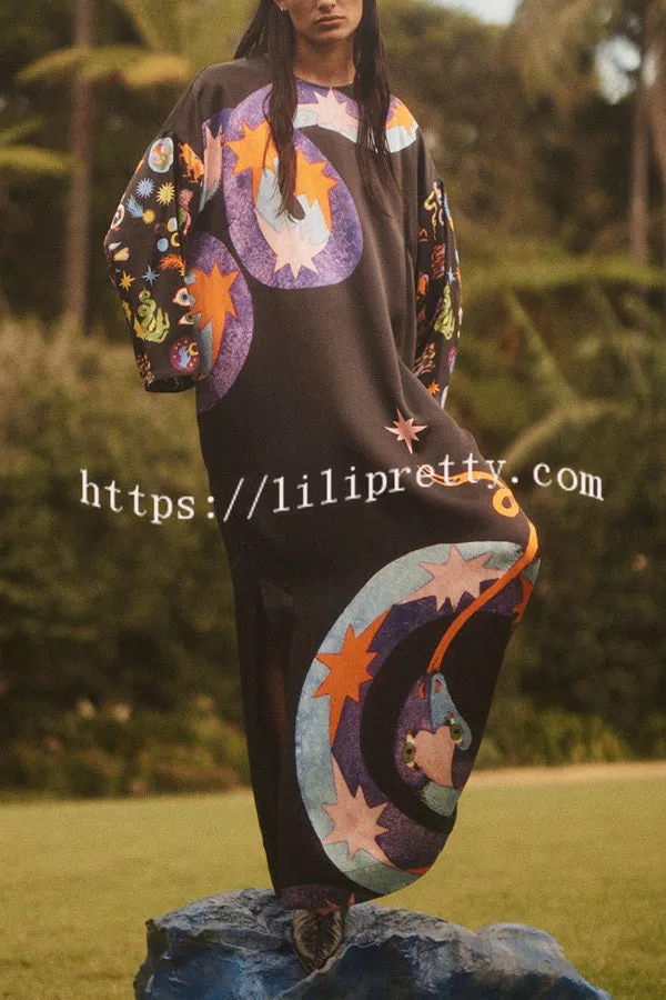 Mostly Magic Satin Unique Print Slit Relaxed Vacation Maxi Dress