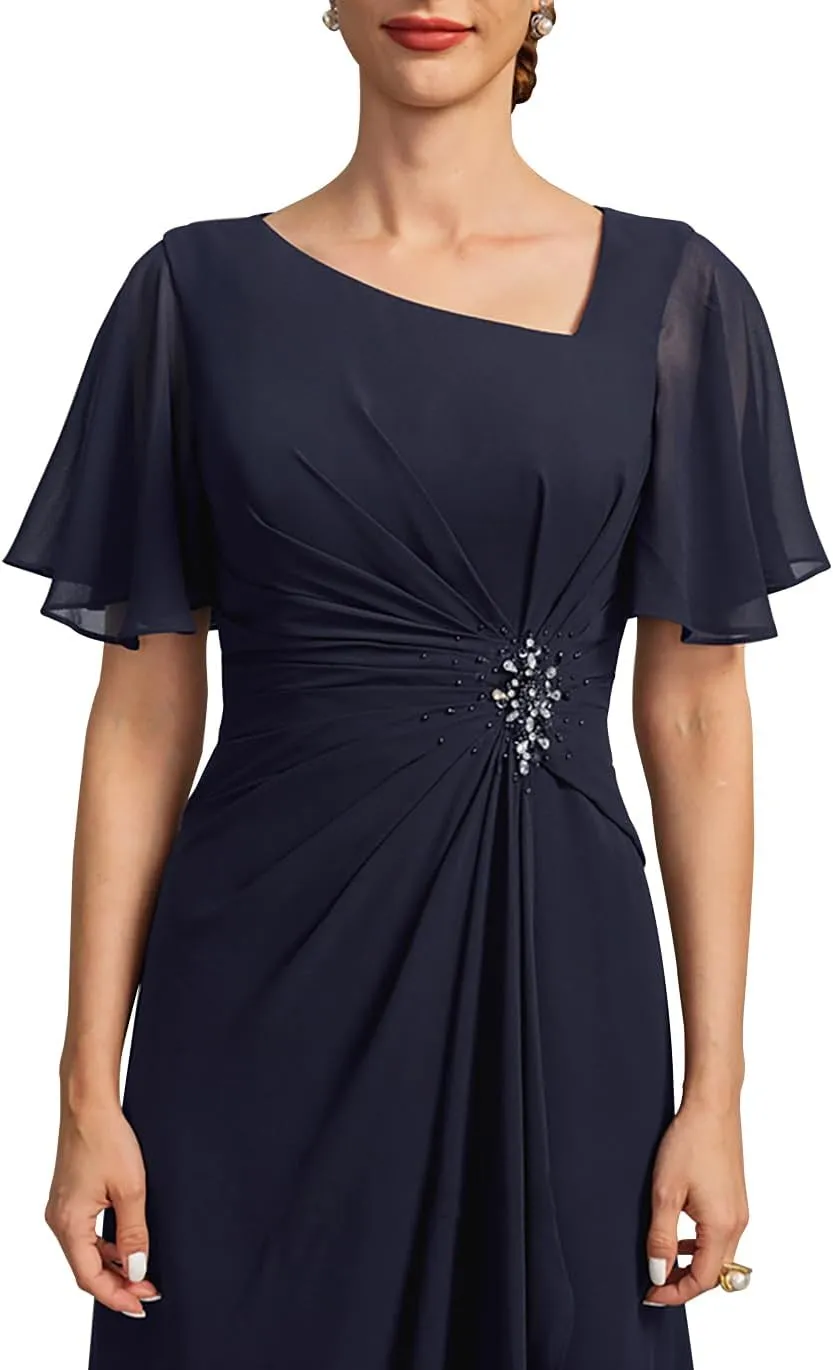 Mother of The Bride Dresses for Women Long Beaded Asymmetrical Formal Evening Gowns with Pockets ZXF010