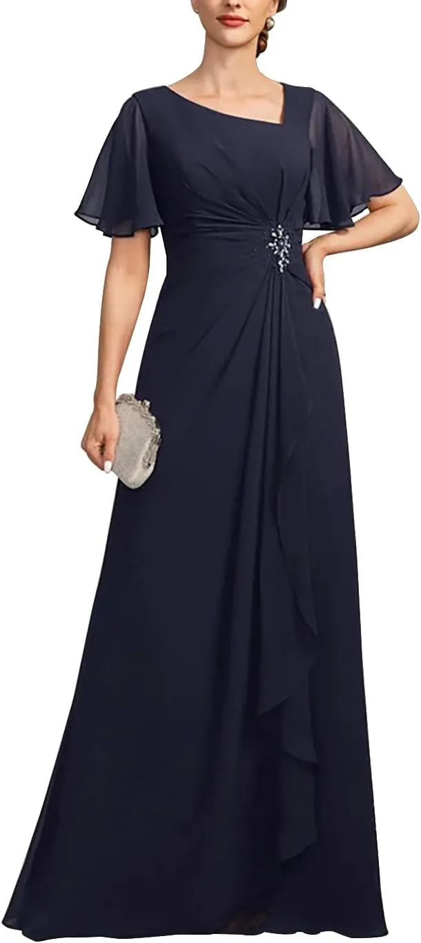 Mother of The Bride Dresses for Women Long Beaded Asymmetrical Formal Evening Gowns with Pockets ZXF010