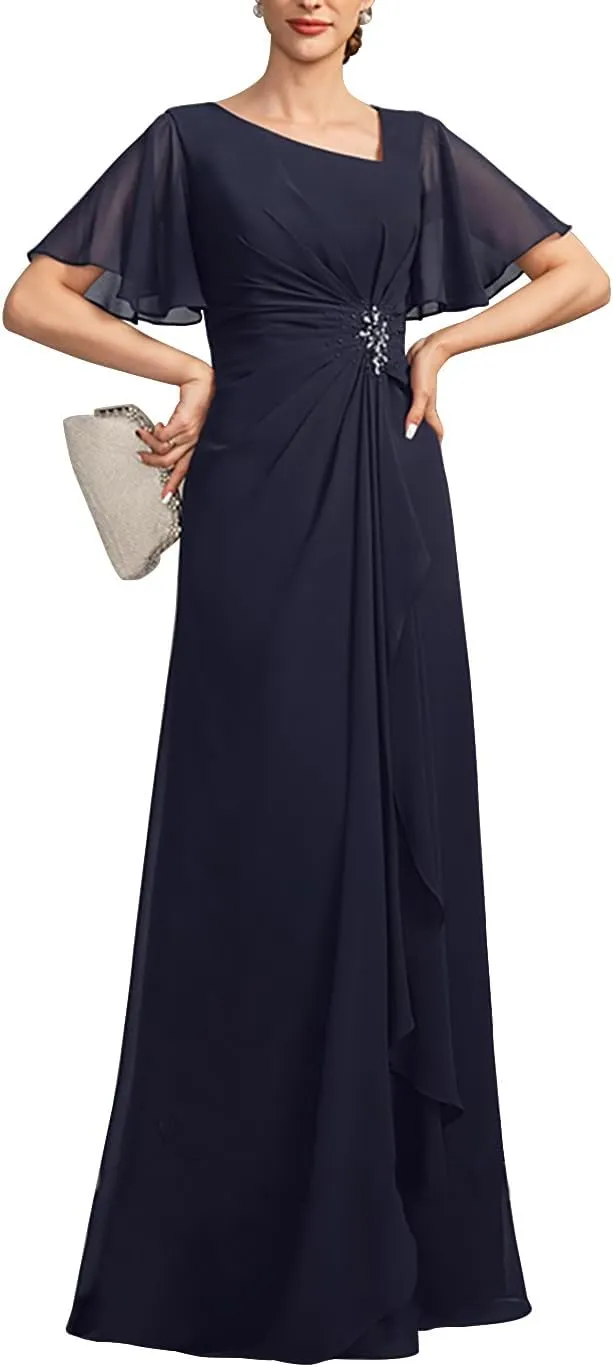 Mother of The Bride Dresses for Women Long Beaded Asymmetrical Formal Evening Gowns with Pockets ZXF010