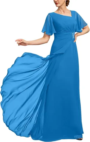 Mother of The Bride Dresses for Women Long Beaded Asymmetrical Formal Evening Gowns with Pockets ZXF010