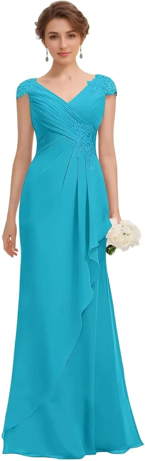 Mother of The Bride Dresses Lace Mermaid Formal Evening Dress Pleated Chiffon Formal Dress Cap Sleeves