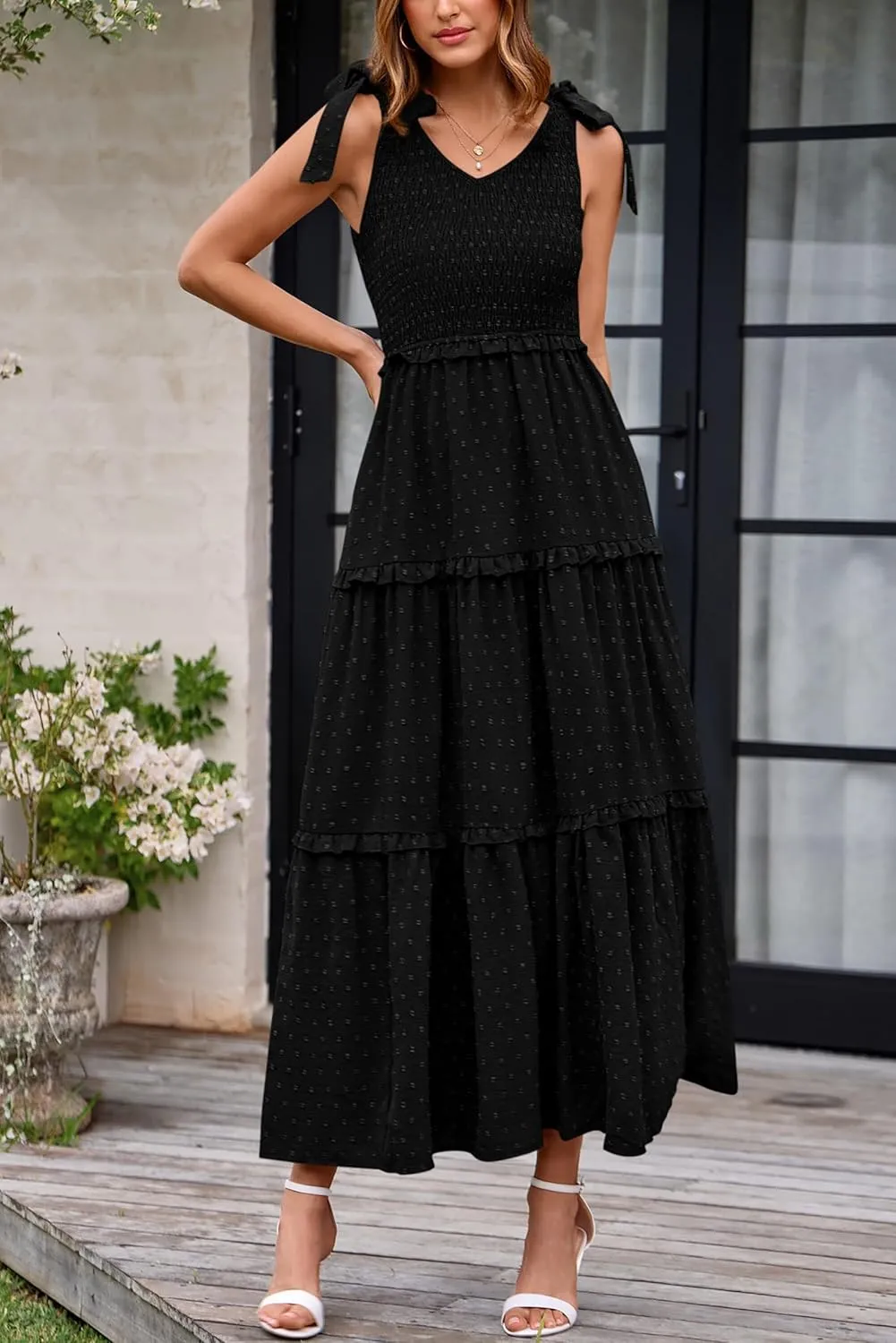 Okiwam Womens Summer Dresses 2025 Spring V Neck Sleeveless Tie Strap Maxi Beach Sundresses Boho Swiss Dot Wedding Guest Dress