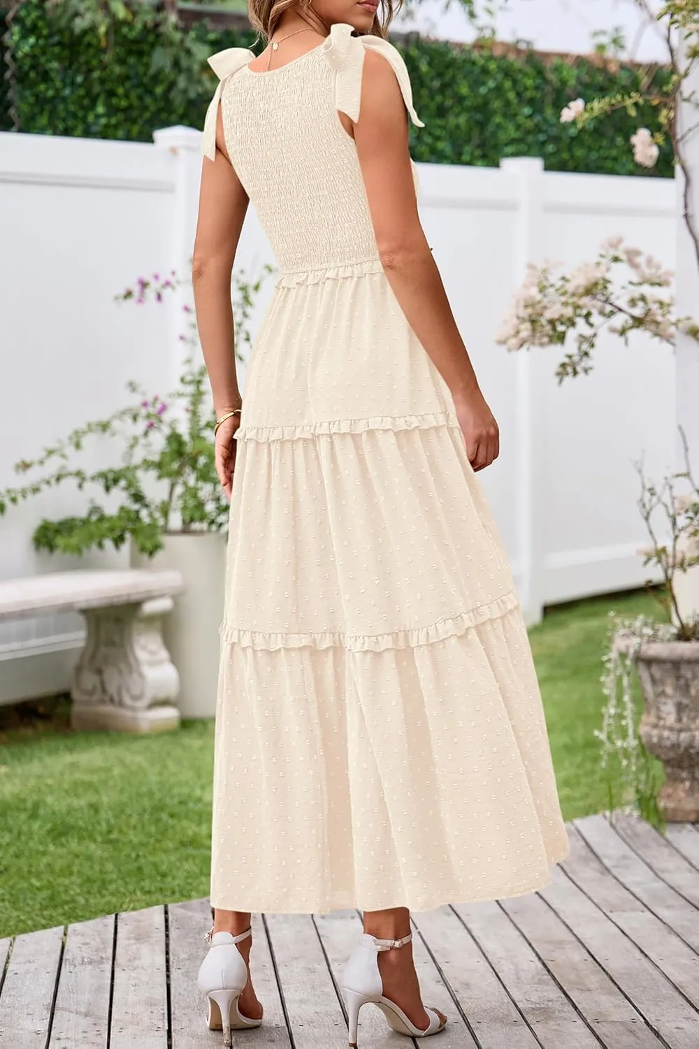 Okiwam Womens Summer Dresses 2025 Spring V Neck Sleeveless Tie Strap Maxi Beach Sundresses Boho Swiss Dot Wedding Guest Dress