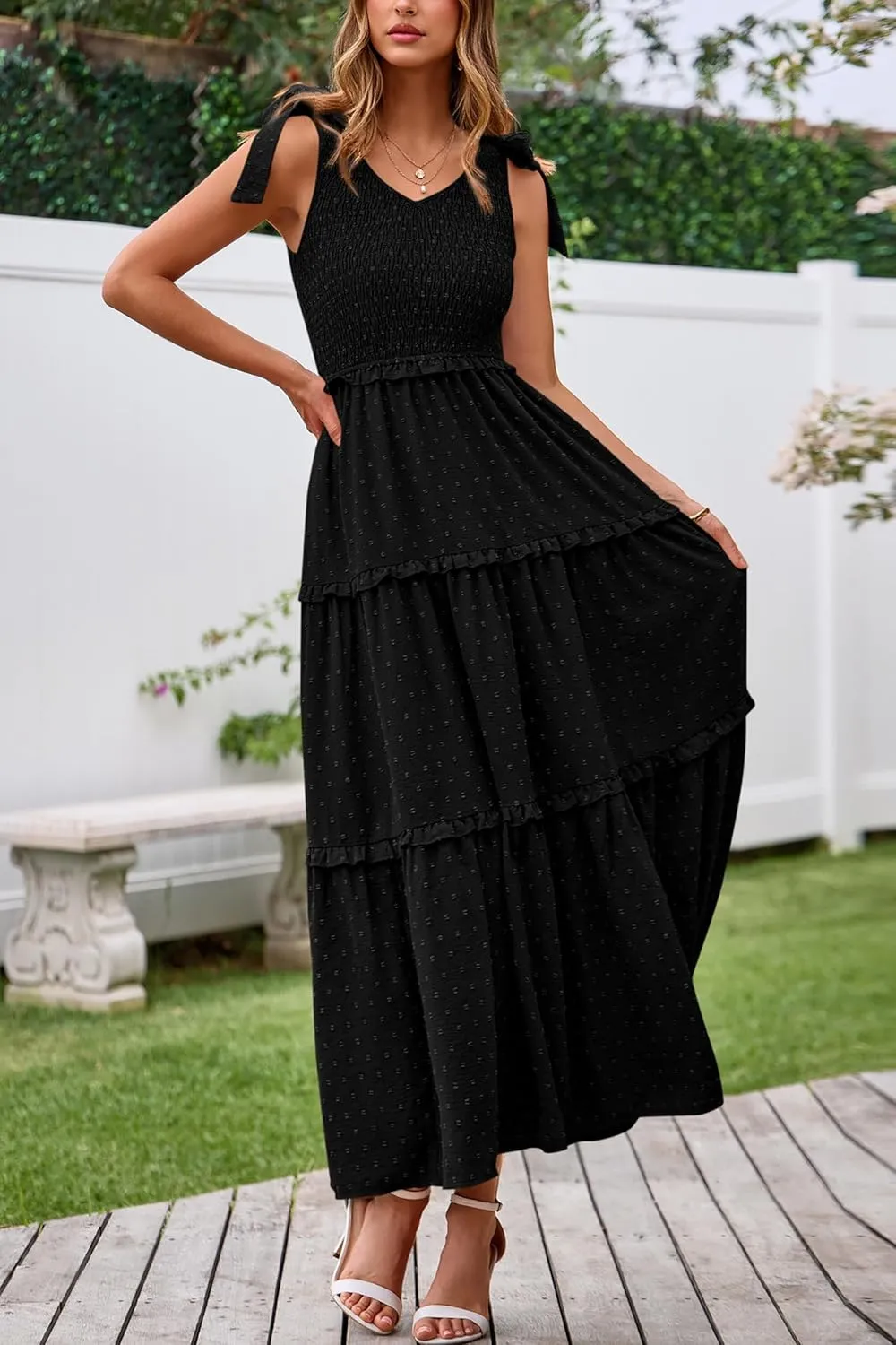 Okiwam Womens Summer Dresses 2025 Spring V Neck Sleeveless Tie Strap Maxi Beach Sundresses Boho Swiss Dot Wedding Guest Dress