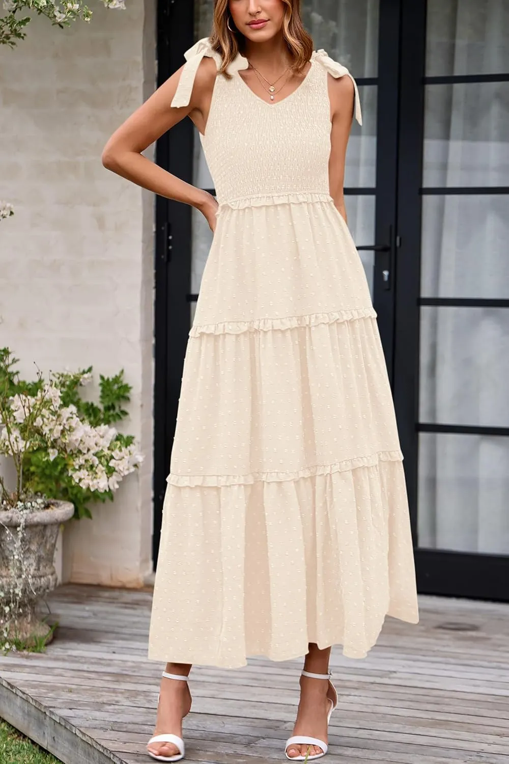 Okiwam Womens Summer Dresses 2025 Spring V Neck Sleeveless Tie Strap Maxi Beach Sundresses Boho Swiss Dot Wedding Guest Dress