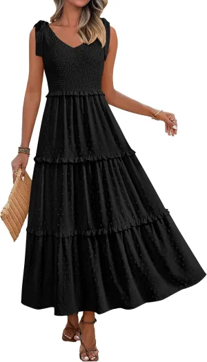 Okiwam Womens Summer Dresses 2025 Spring V Neck Sleeveless Tie Strap Maxi Beach Sundresses Boho Swiss Dot Wedding Guest Dress