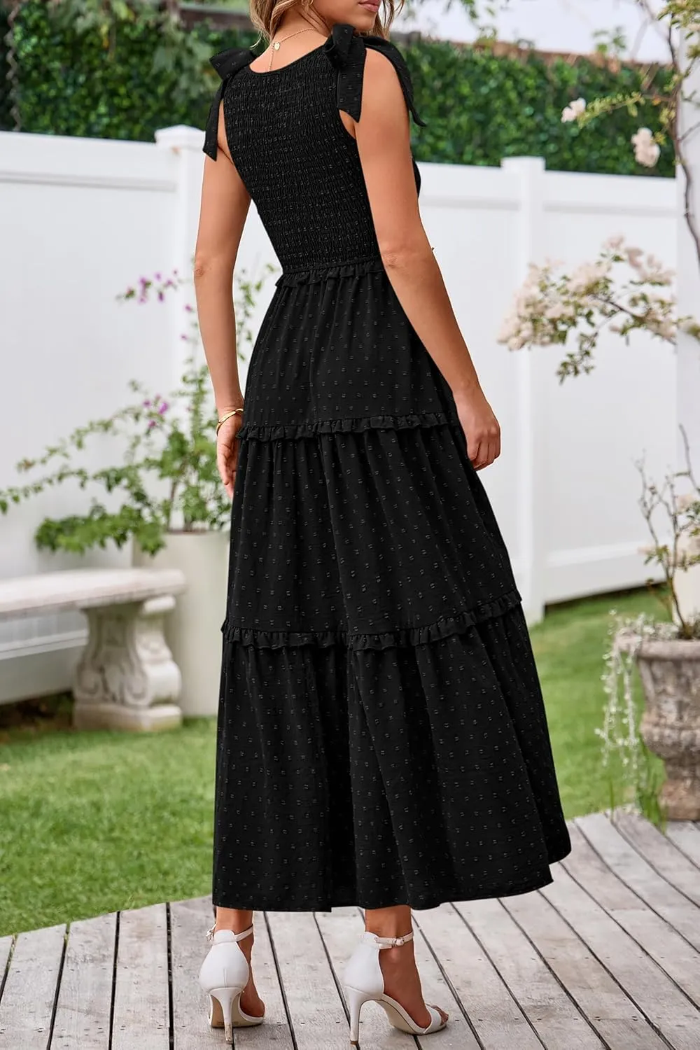 Okiwam Womens Summer Dresses 2025 Spring V Neck Sleeveless Tie Strap Maxi Beach Sundresses Boho Swiss Dot Wedding Guest Dress