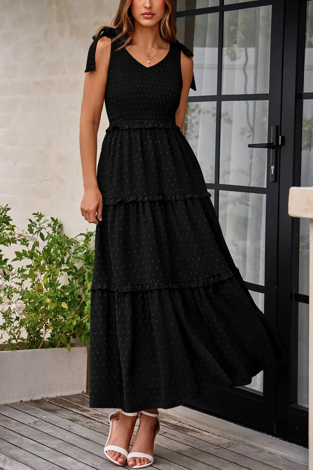 Okiwam Womens Summer Dresses 2025 Spring V Neck Sleeveless Tie Strap Maxi Beach Sundresses Boho Swiss Dot Wedding Guest Dress
