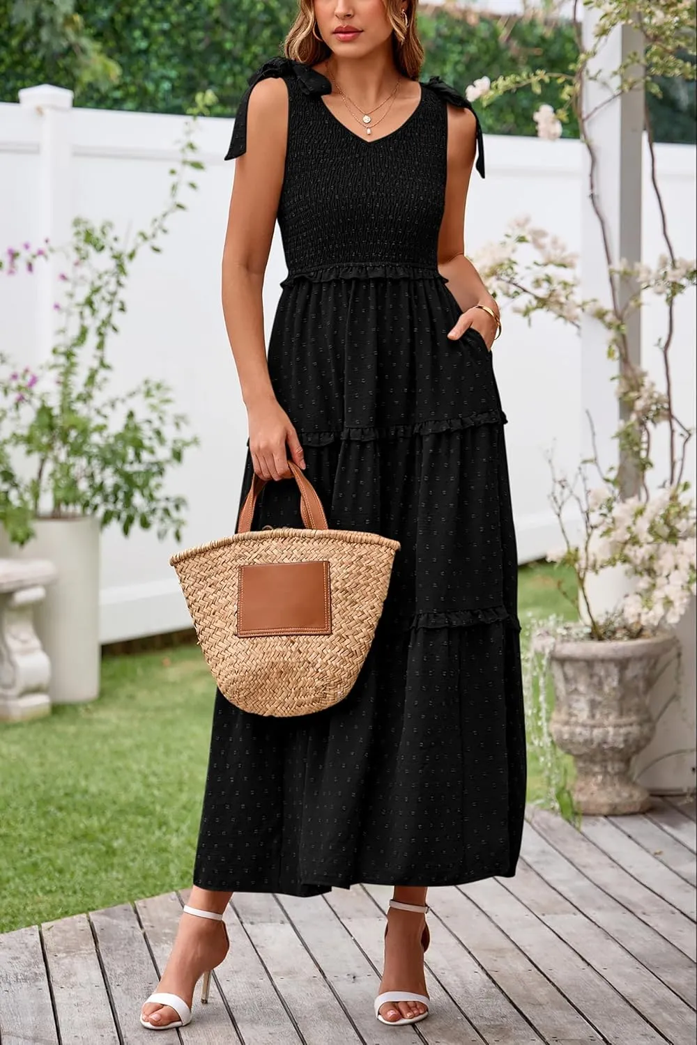 Okiwam Womens Summer Dresses 2025 Spring V Neck Sleeveless Tie Strap Maxi Beach Sundresses Boho Swiss Dot Wedding Guest Dress