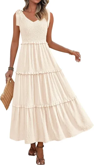Okiwam Womens Summer Dresses 2025 Spring V Neck Sleeveless Tie Strap Maxi Beach Sundresses Boho Swiss Dot Wedding Guest Dress