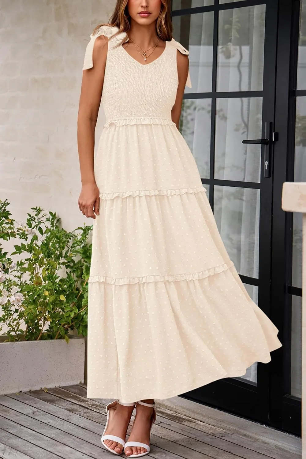 Okiwam Womens Summer Dresses 2025 Spring V Neck Sleeveless Tie Strap Maxi Beach Sundresses Boho Swiss Dot Wedding Guest Dress