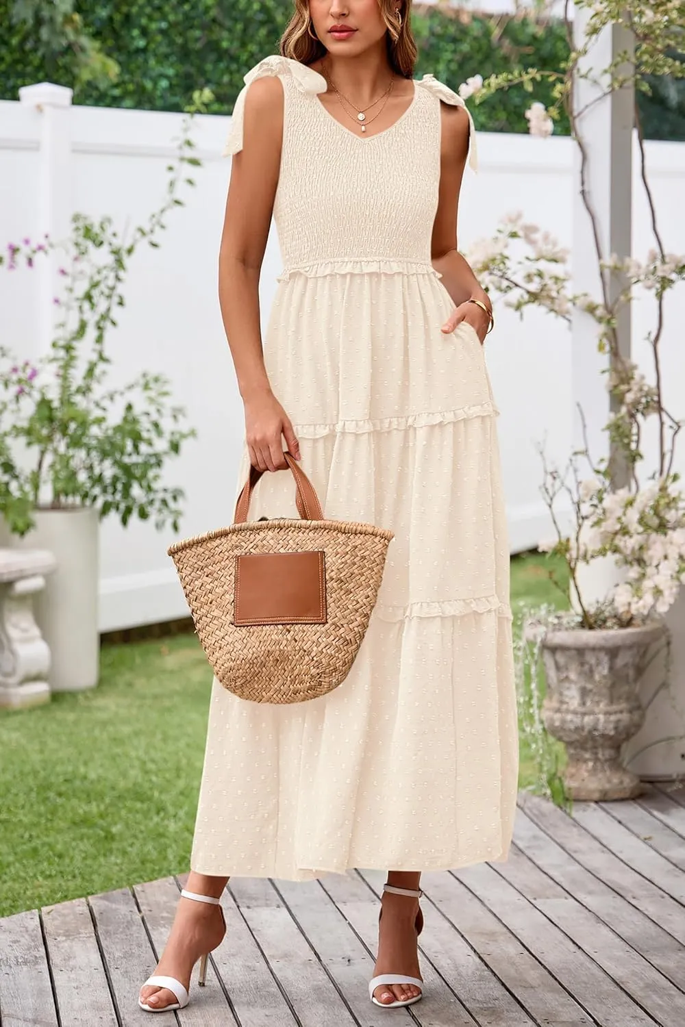 Okiwam Womens Summer Dresses 2025 Spring V Neck Sleeveless Tie Strap Maxi Beach Sundresses Boho Swiss Dot Wedding Guest Dress