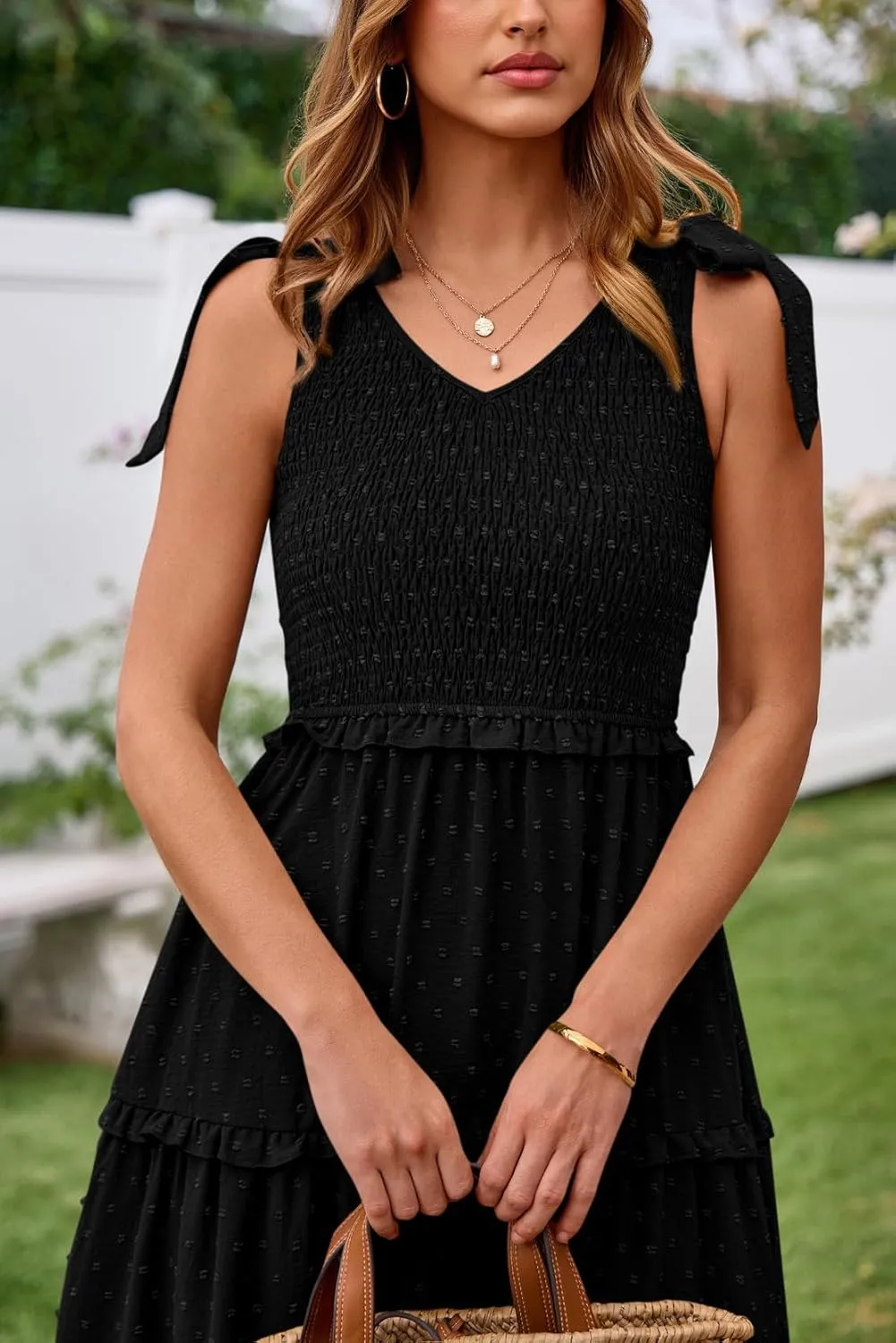 Okiwam Womens Summer Dresses 2025 Spring V Neck Sleeveless Tie Strap Maxi Beach Sundresses Boho Swiss Dot Wedding Guest Dress