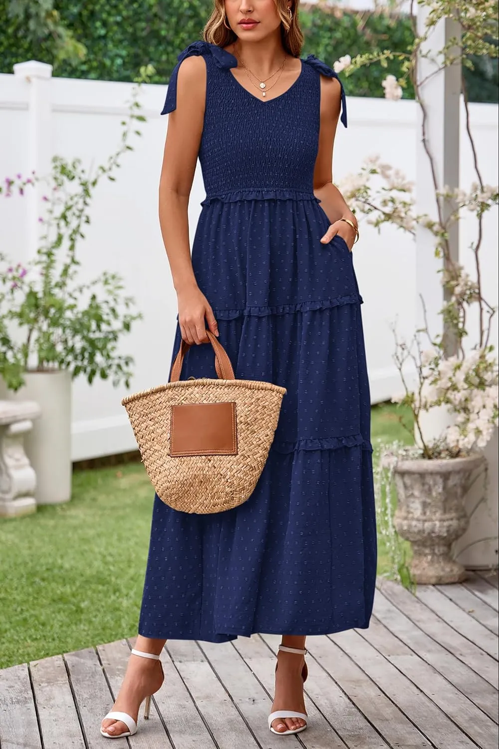 Okiwam Womens Summer Dresses 2025 Spring V Neck Sleeveless Tie Strap Maxi Beach Sundresses Boho Swiss Dot Wedding Guest Dress
