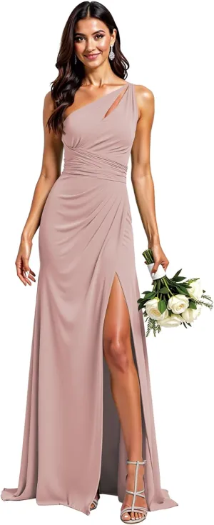 One Shoulder Bridesmaid Dresses for Women Long Pleated Chiffon Formal Party Gowns with Slit