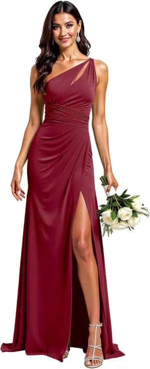 One Shoulder Bridesmaid Dresses for Women Long Pleated Chiffon Formal Party Gowns with Slit