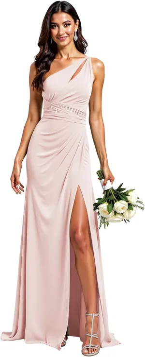 One Shoulder Bridesmaid Dresses for Women Long Pleated Chiffon Formal Party Gowns with Slit