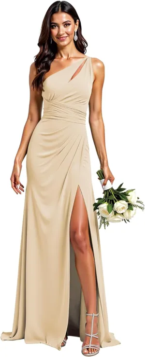 One Shoulder Bridesmaid Dresses for Women Long Pleated Chiffon Formal Party Gowns with Slit