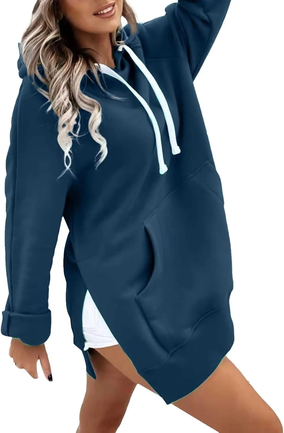 Oversized Hoodie Dress for Women Casual Warm Drawstring Long Sweatshirt with Pocket Fashion Split Hem Long Sleeve Hoodies