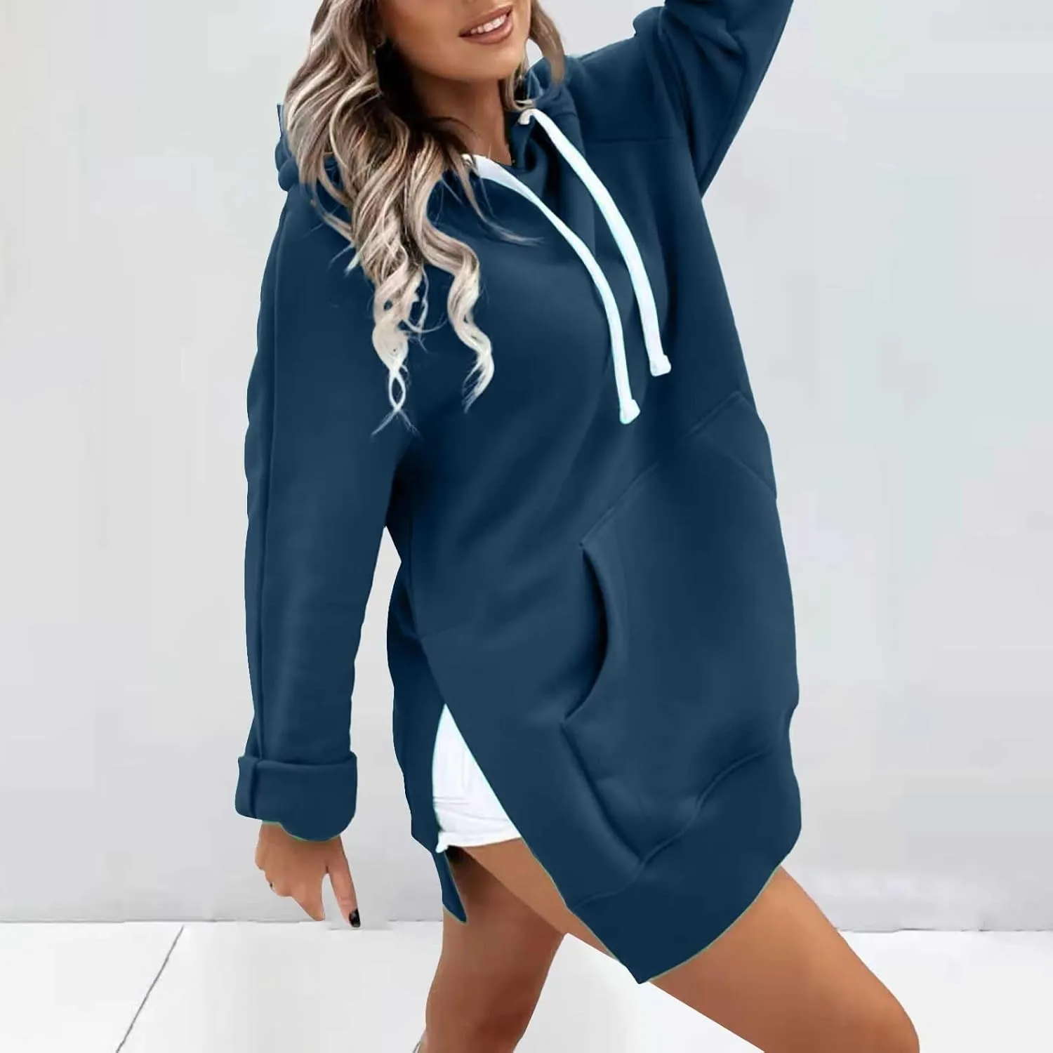 Oversized Hoodie Dress for Women Casual Warm Drawstring Long Sweatshirt with Pocket Fashion Split Hem Long Sleeve Hoodies