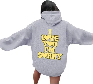 Oversized Sweatshirt Women Hoodies Gracie I Love You I'm Sorry Print Casual Long Sleeve Lightweight Tunic Pullover Top Fall and Winter Tops 2024 Black Hoodies Woman Light Gray Medium
