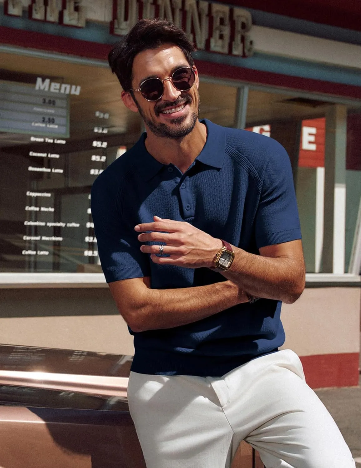 PJ PAUL JONES Men's Polo Shirt Short Sleeve Textured Knit Button Shirts Raglan Sleeve Casual Golf Shirt