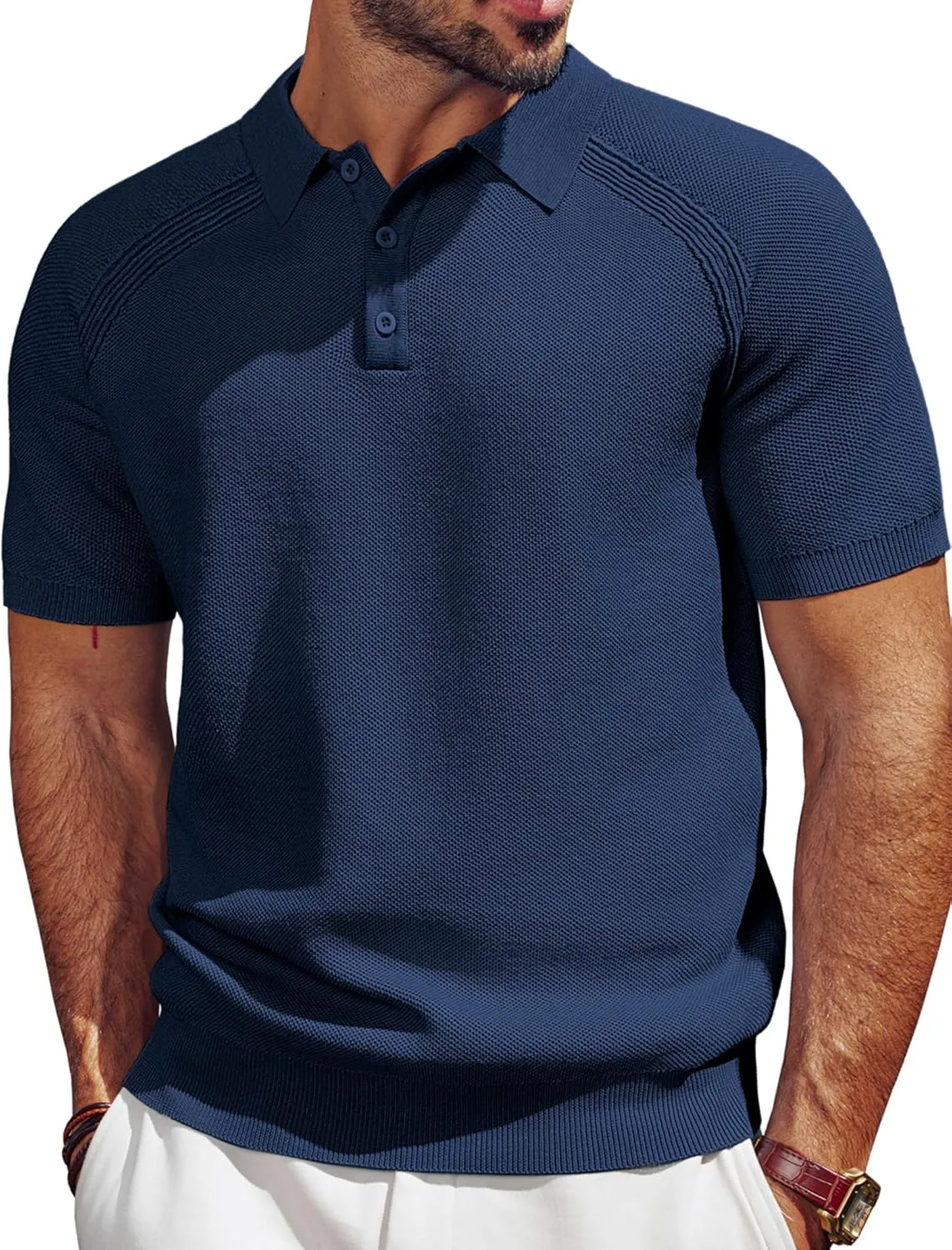 PJ PAUL JONES Men's Polo Shirt Short Sleeve Textured Knit Button Shirts Raglan Sleeve Casual Golf Shirt
