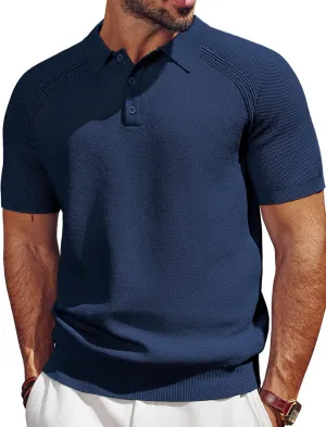 PJ PAUL JONES Men's Polo Shirt Short Sleeve Textured Knit Button Shirts Raglan Sleeve Casual Golf Shirt