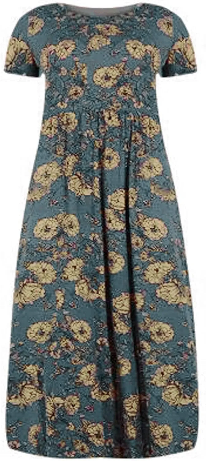Plus Size Dresses for Women Funny Floral Printed Short Sleeve Casual Maxi Dress Round Neck Pleated Vacation Dresses